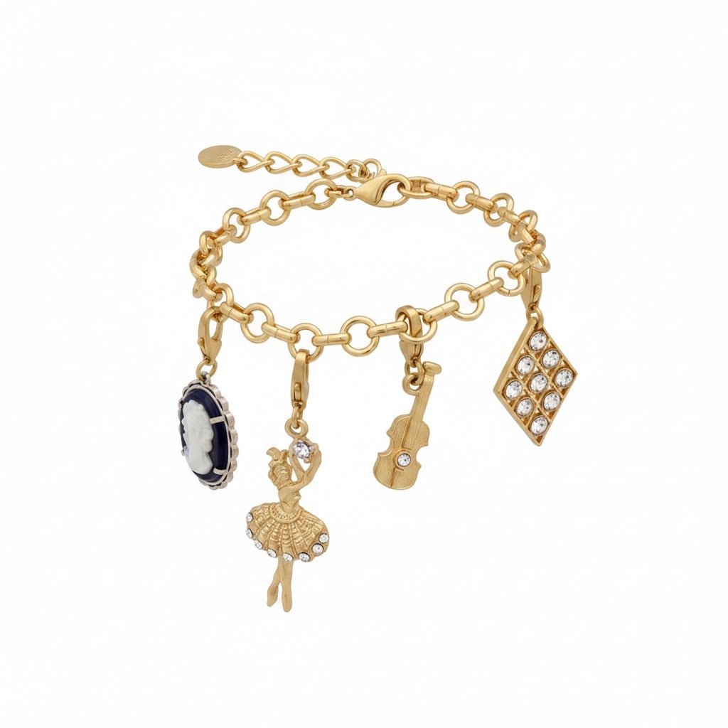 
                  
                    Vintage Gold-Tone Charm Bracelet — Ballerina, Elephant, Cameo & Violin Charms - Curated Home Decor
                  
                