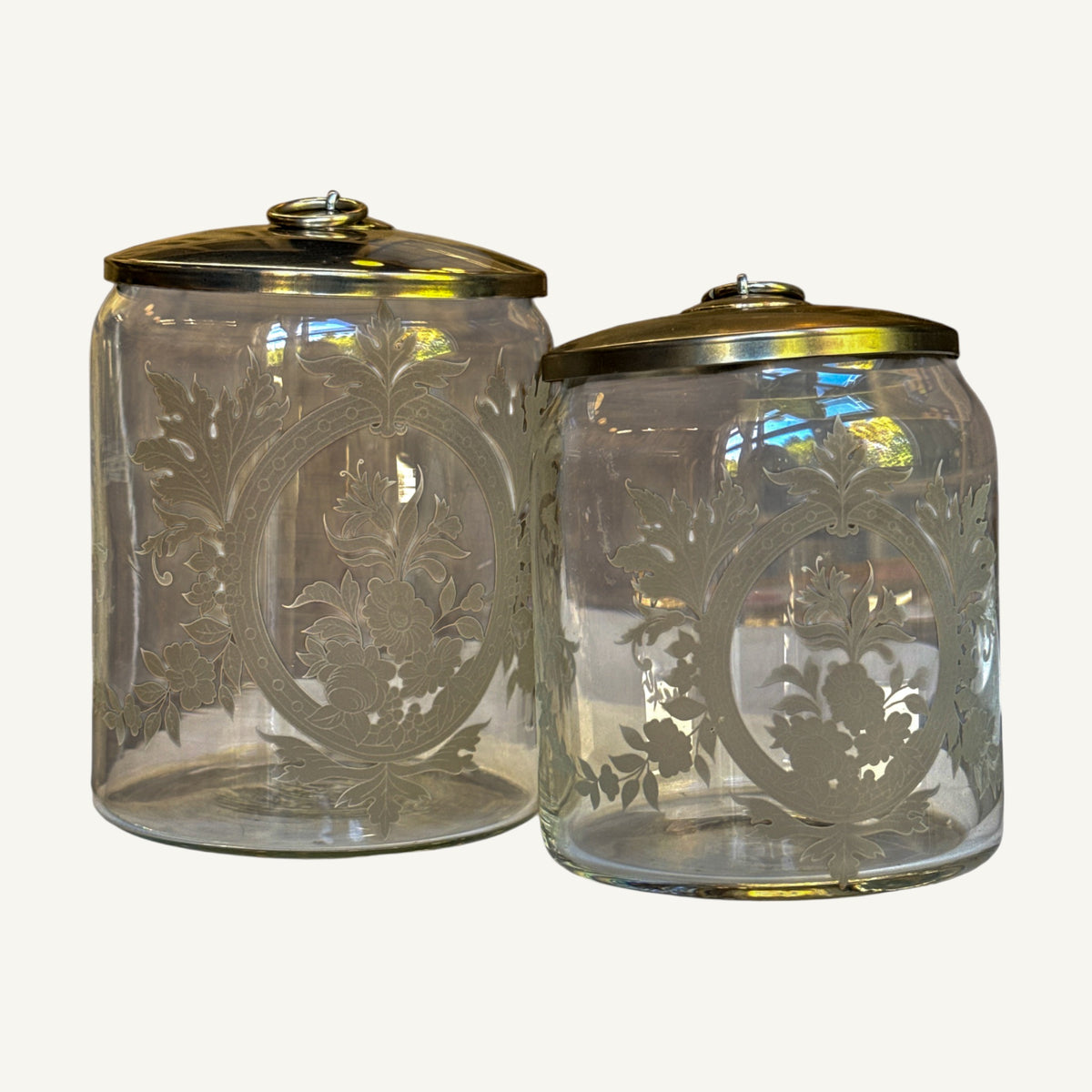 Vintage Etched Glass Apothecary Canisters with Lids — Set of 2 - Curated Home Decor