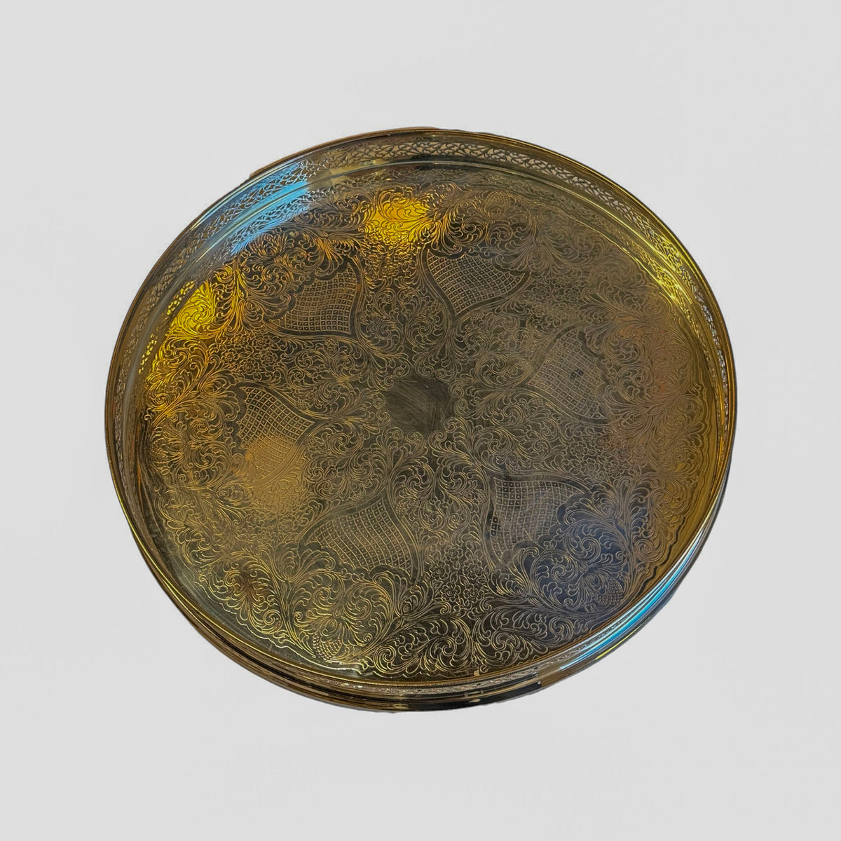 Vintage Round Engraved Silverplate Gallery Tray - Curated Home Decor