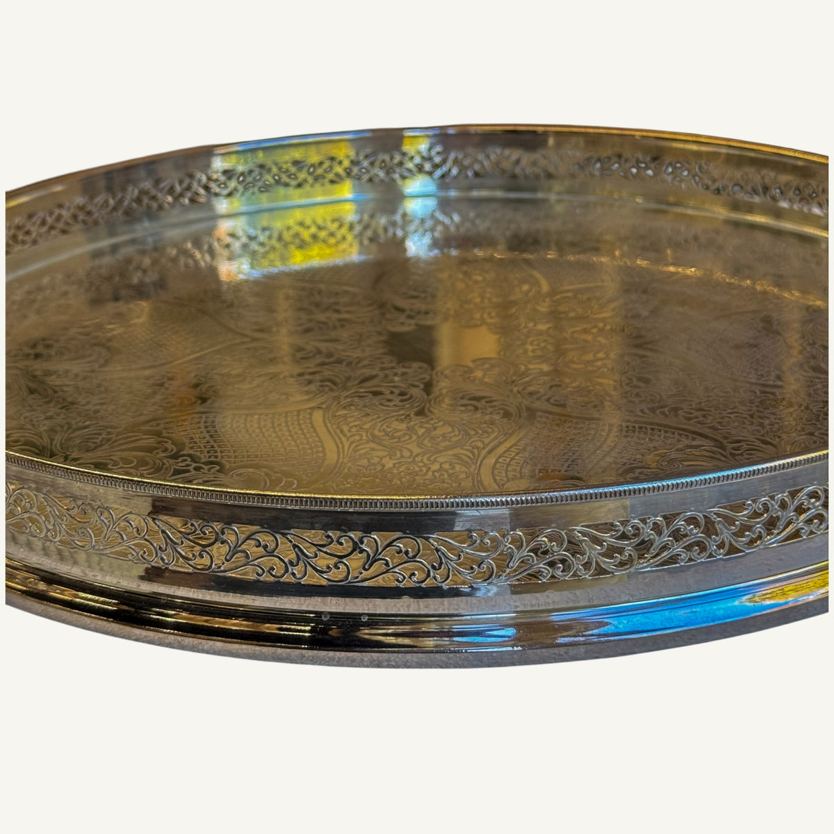 
                  
                    Vintage Round Engraved Silverplate Gallery Tray - Curated Home Decor
                  
                