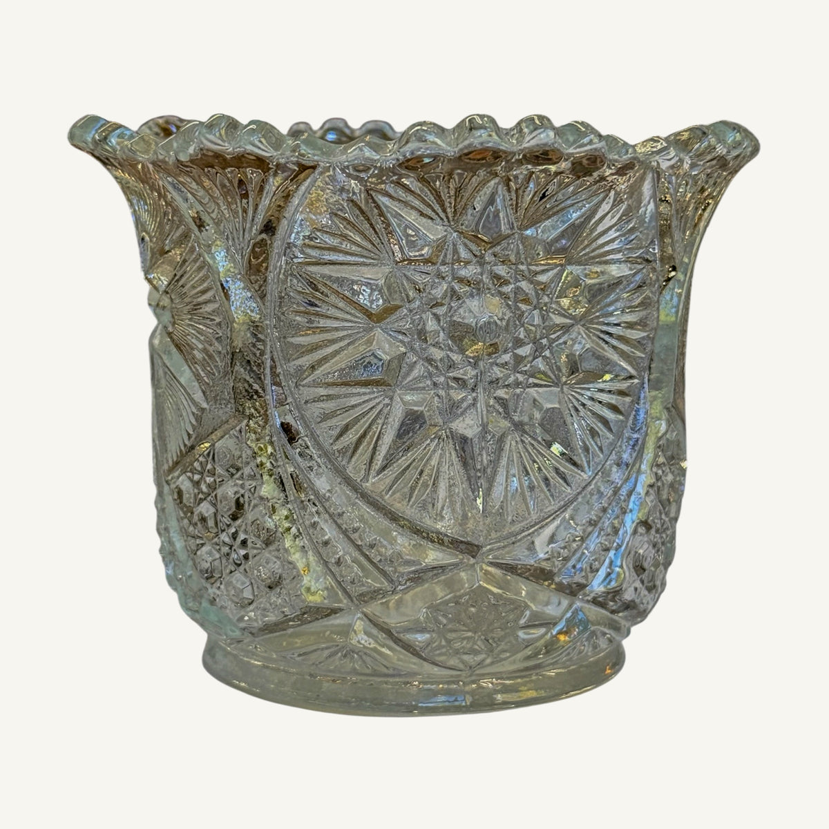 
                  
                    Vintage Pressed Glass Star-Pattern Spooner Vase with Scalloped Rim - Curated Home Decor
                  
                