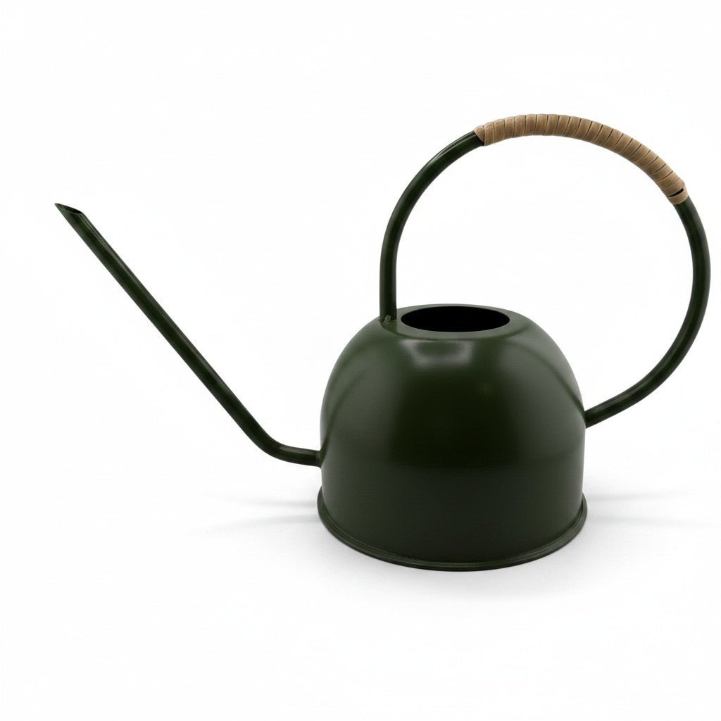 Green Enamel Watering Can with Rattan - Wrapped Handle - Curated Home Decor