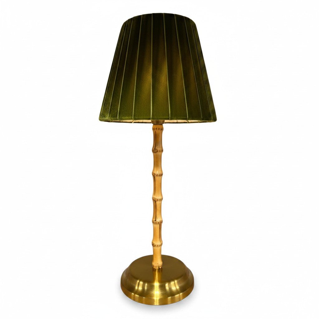 Bamboo Rechargeable Lamp with Velvet Green Shade - Curated Home Decor