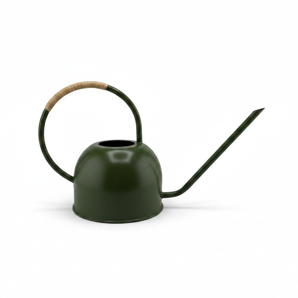 Green Enamel Watering Can with Rattan - Wrapped Handle - Curated Home Decor