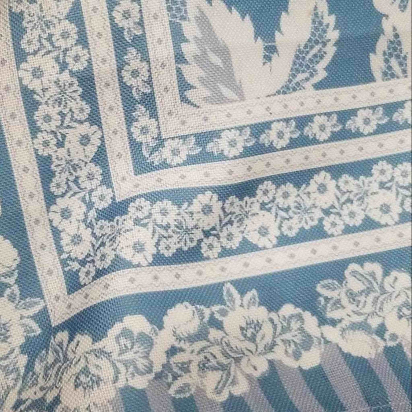 
                  
                    Vintage-style floral lace white tablecloth with intricate French floral patterns on blue background
                  
                