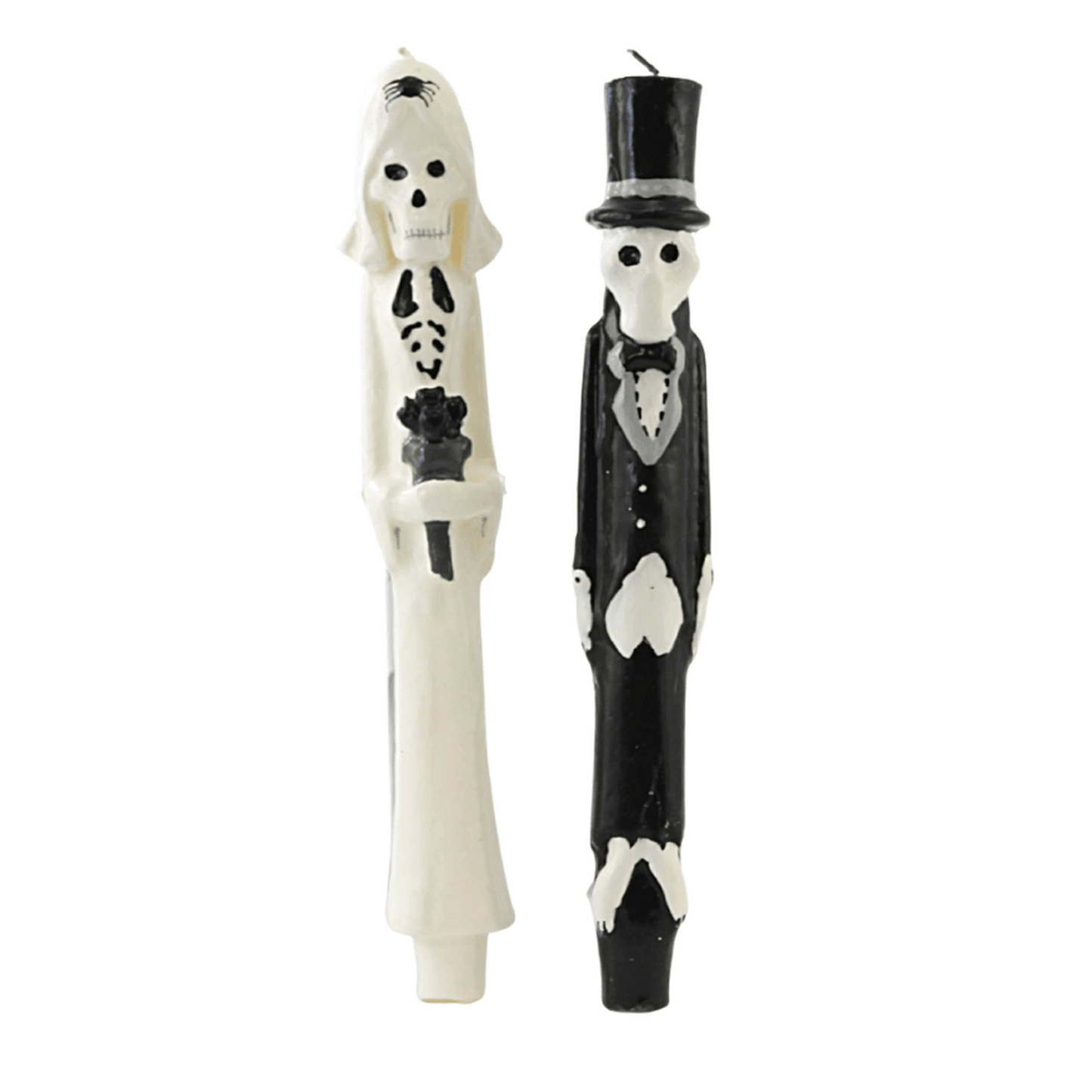 Newlydeads taper candle set featuring bride and groom skeletons for Halloween decor