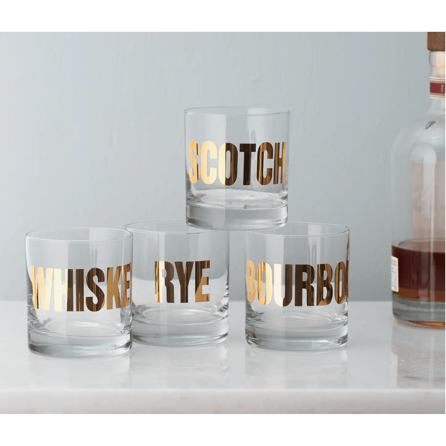 Vintage mixology typography on 20oz gold rocks glasses for spirits