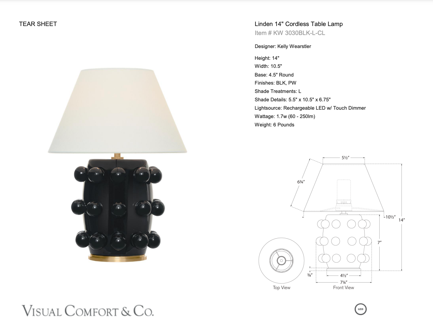 Kelly Wearstler Linden 14" Cordless Table Lamp in Black with Linen Shade - Curated Home Decor