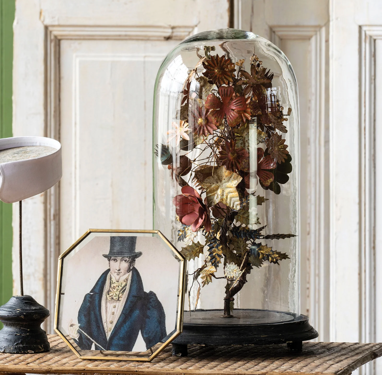 Victorian Cloche Accent with metal flower bouquet under glass dome on wooden base