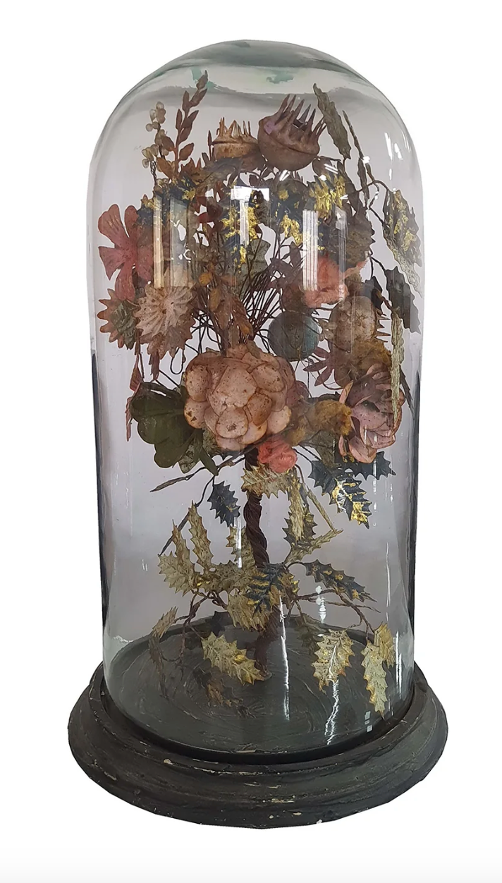 Victorian Cloche Accent with metal flower bouquet under glass dome on wood base