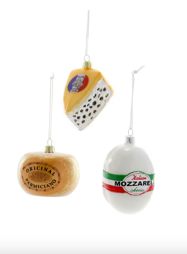 Three Assorted Cheeses Ornament featuring Parmigiano, Gorgonzola, and Mozzarella designs for holiday décor