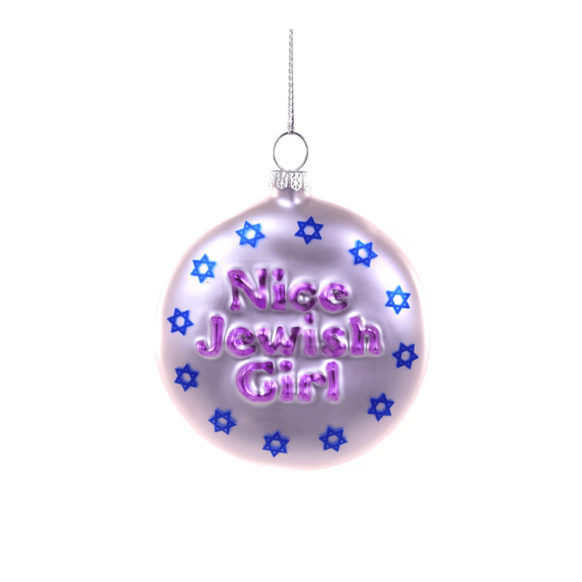 Nice Jewish Girl Ornament glass holiday decoration with purple text and blue Stars of David accents
