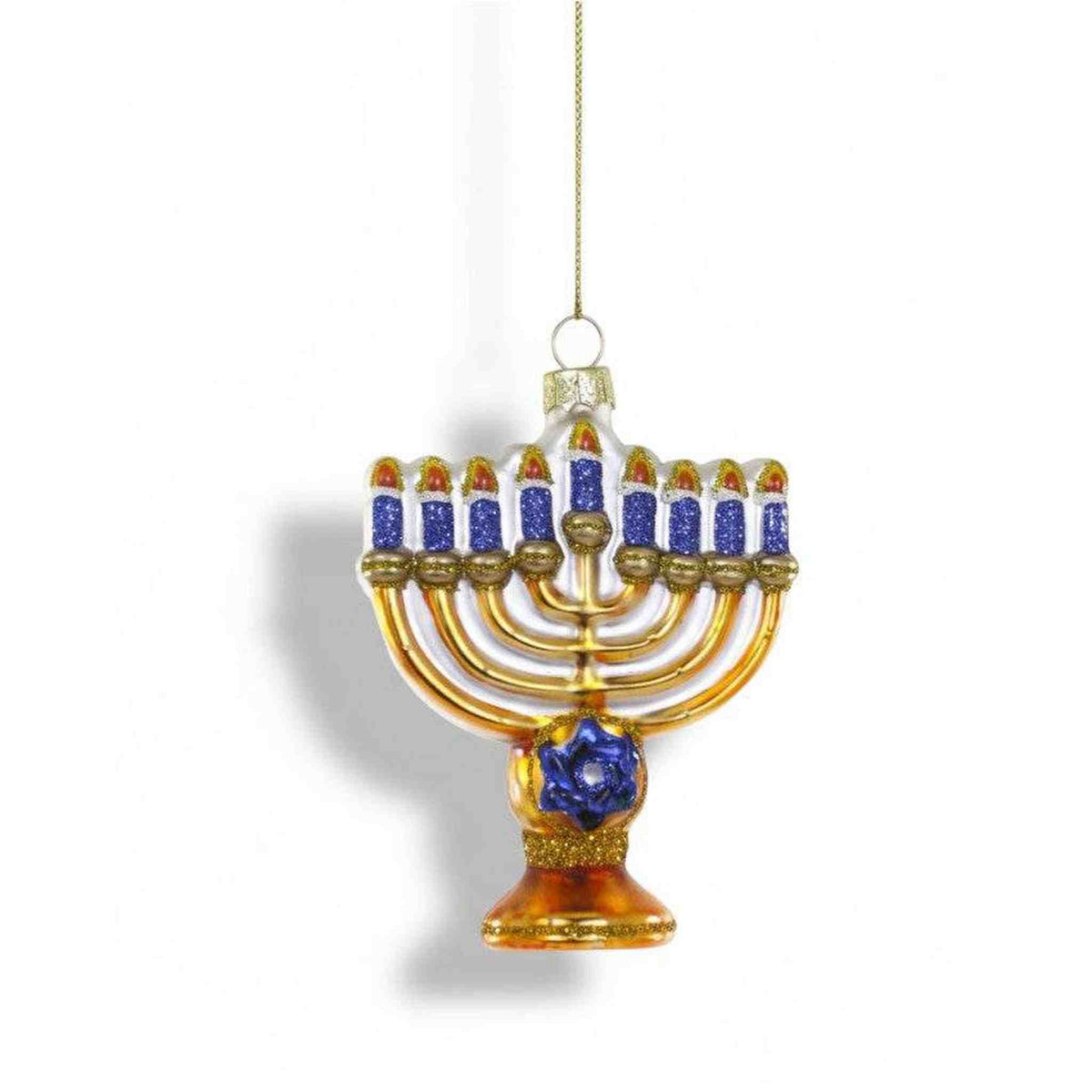 
                  
                    Gold Menorah ornament with glitter accents and blue candles hanging holiday decoration
                  
                