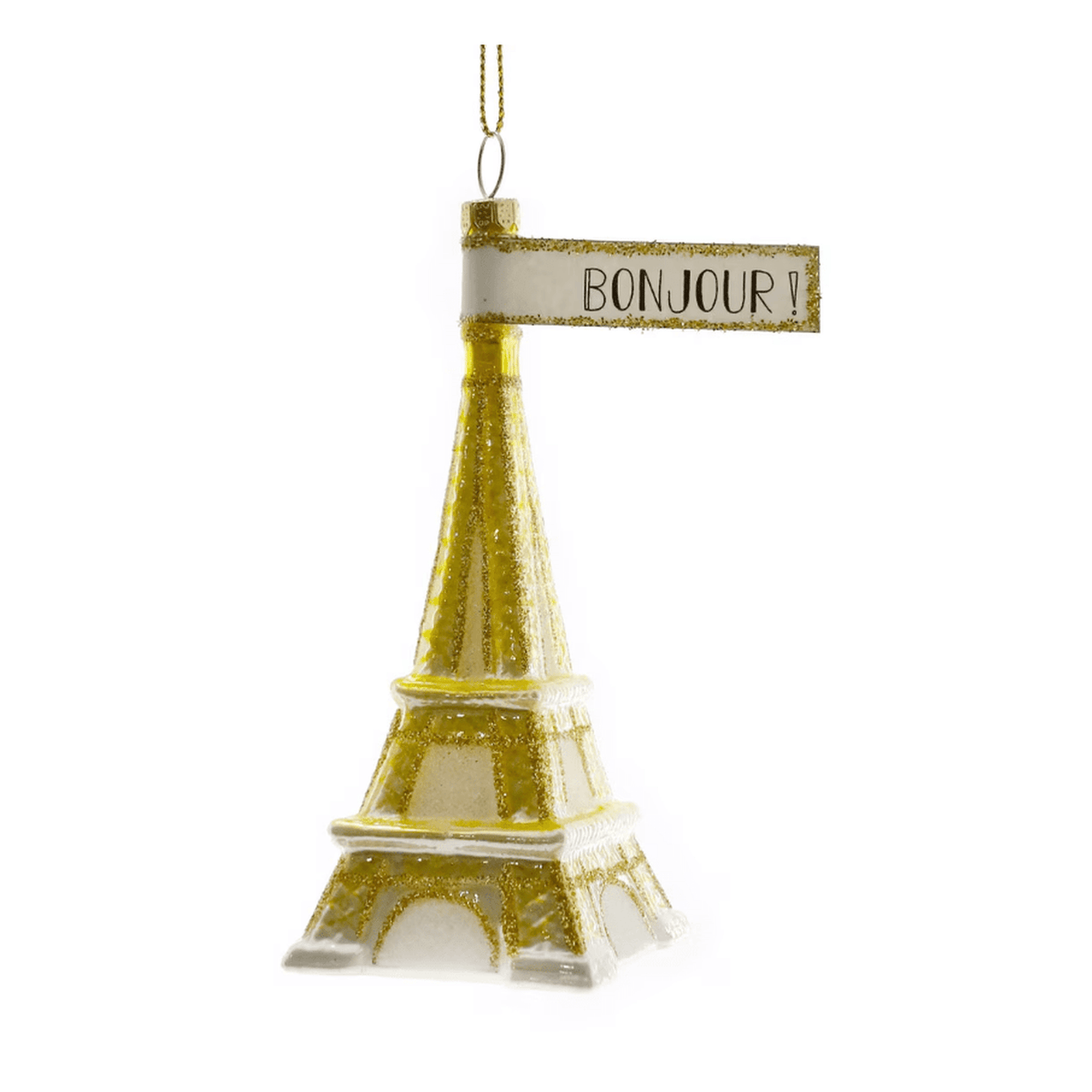 Gold Eiffel Tower ornament with Bonjour banner for holiday décor by Cody Foster & Co.
