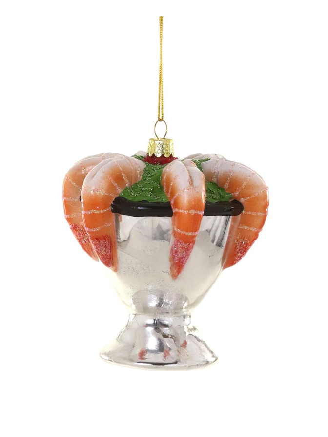 Shrimp cocktail ornament hanging holiday decoration with silver cup and shrimp details