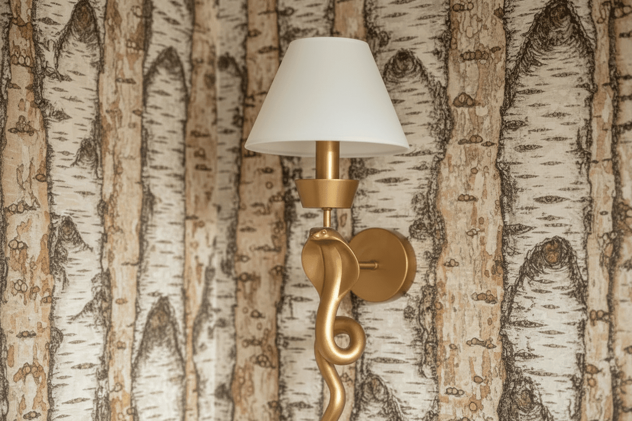 
                  
                    Gold Serpent Wall Sconce Linen Shade - Curated Home Decor
                  
                