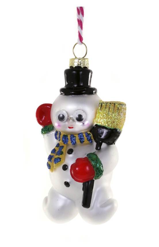 Jolly Snowman Ornament glass Christmas tree decoration with vintage details and glitter accents