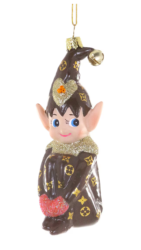Glass Knee Hugging Elf ornament with hand-finished details and festive glitter accents hanging decoration