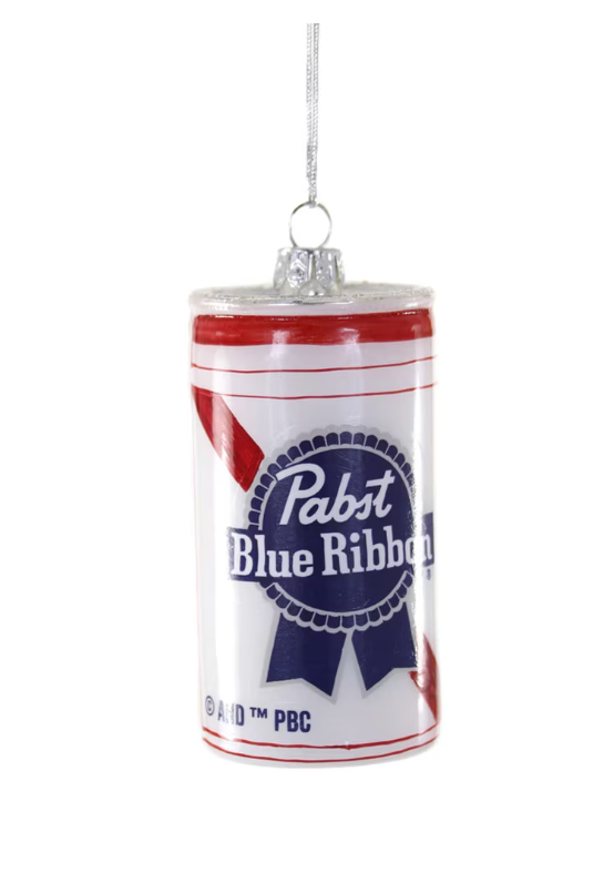 Blue Ribbon Beer Can glass ornament hanging decoration holiday tree vintage barroom charm