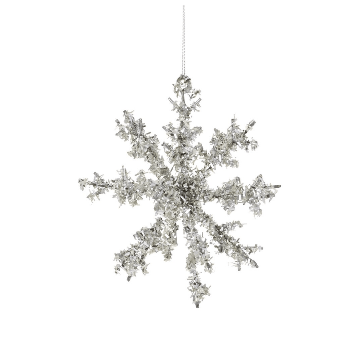 Small silver tinsel snowflake ornament with vintage-inspired shimmer for holiday décor