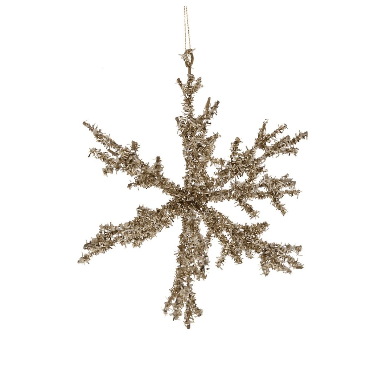 Large gold tinsel snowflake ornament with vintage-inspired sparkle and hand-finished details