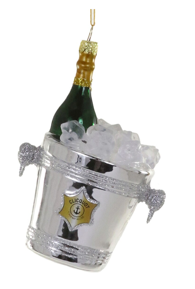 Champagne on Ice Ornament glass holiday decoration with bottle in silver ice bucket hanging ornament