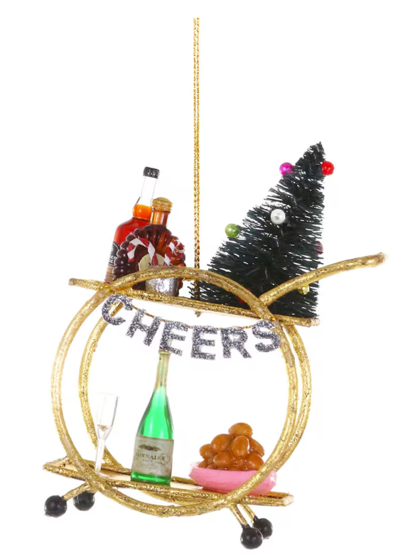 Holiday Bar Cart Ornament papier-mâché with miniature bottles, glass, Christmas tree, and festive details