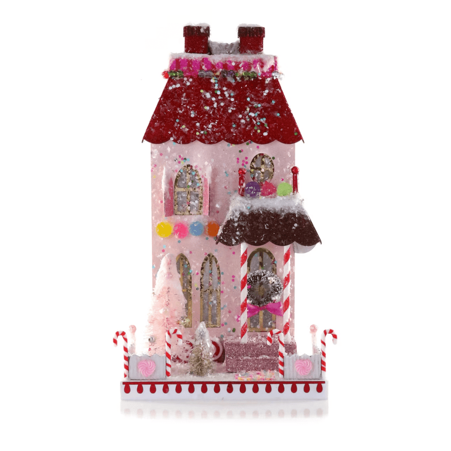Candy Cane Manor festive cardboard holiday house with vintage candy decorations and red roof centerpiece decor