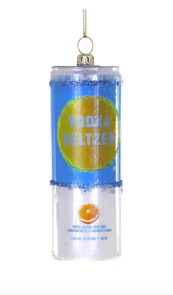 Glass Vodka Seltzer Ornament with blue and white design and gold lemon detail hanging decoration