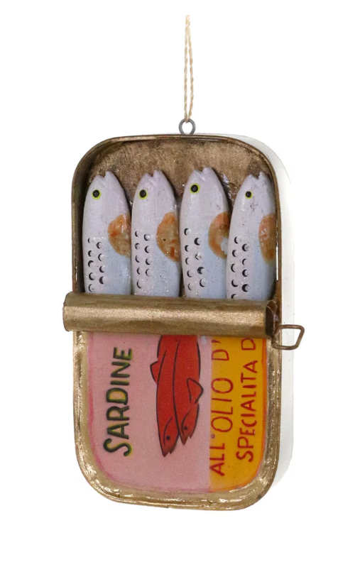 Packaged Sardines Ornament resin holiday decoration shaped like vintage sardine tin with four fish inside and hanging string