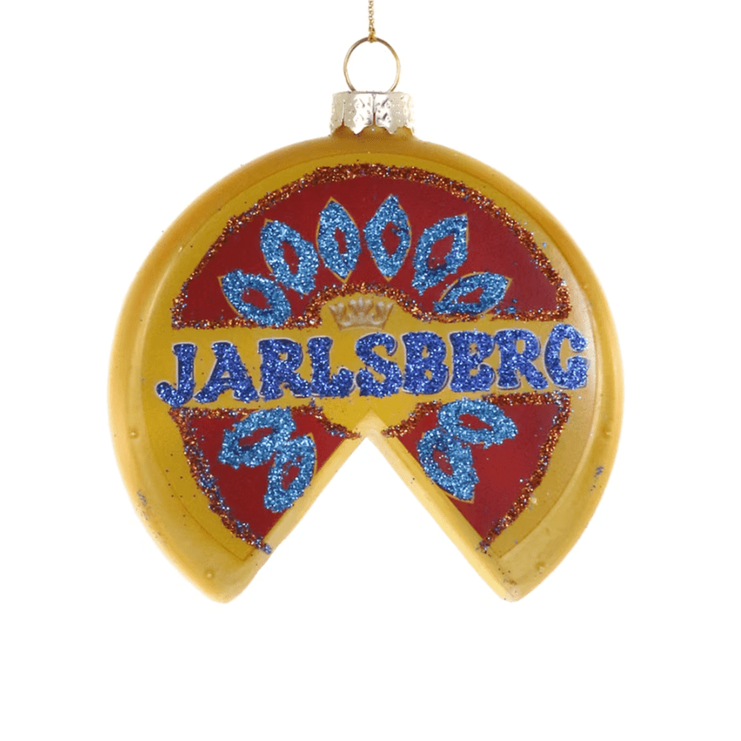 Jarlsberg Cheese Ornament with glittery blue lettering and decorative red and gold design hanging decoration