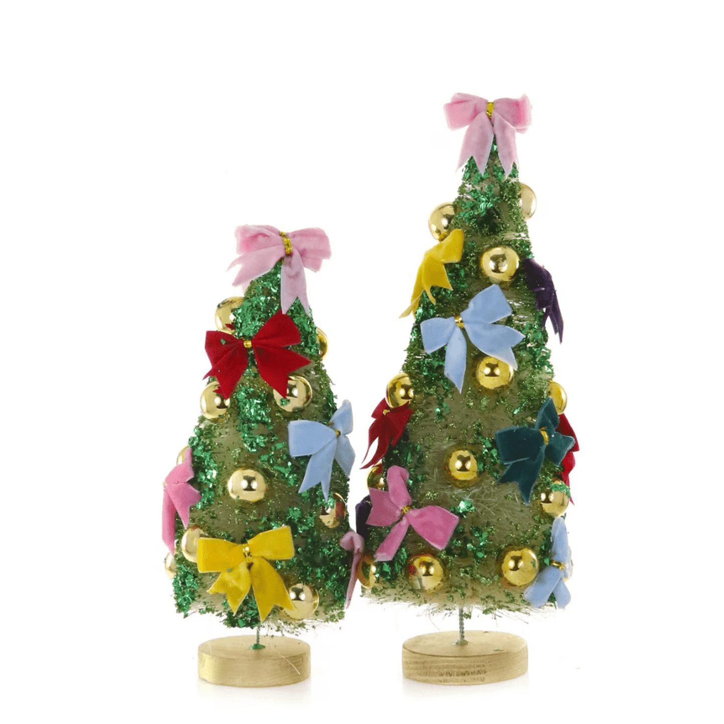 Cody Foster & Co. green Tinsel Town decorative trees with colorful bows and gold ornaments, small and medium sizes available.