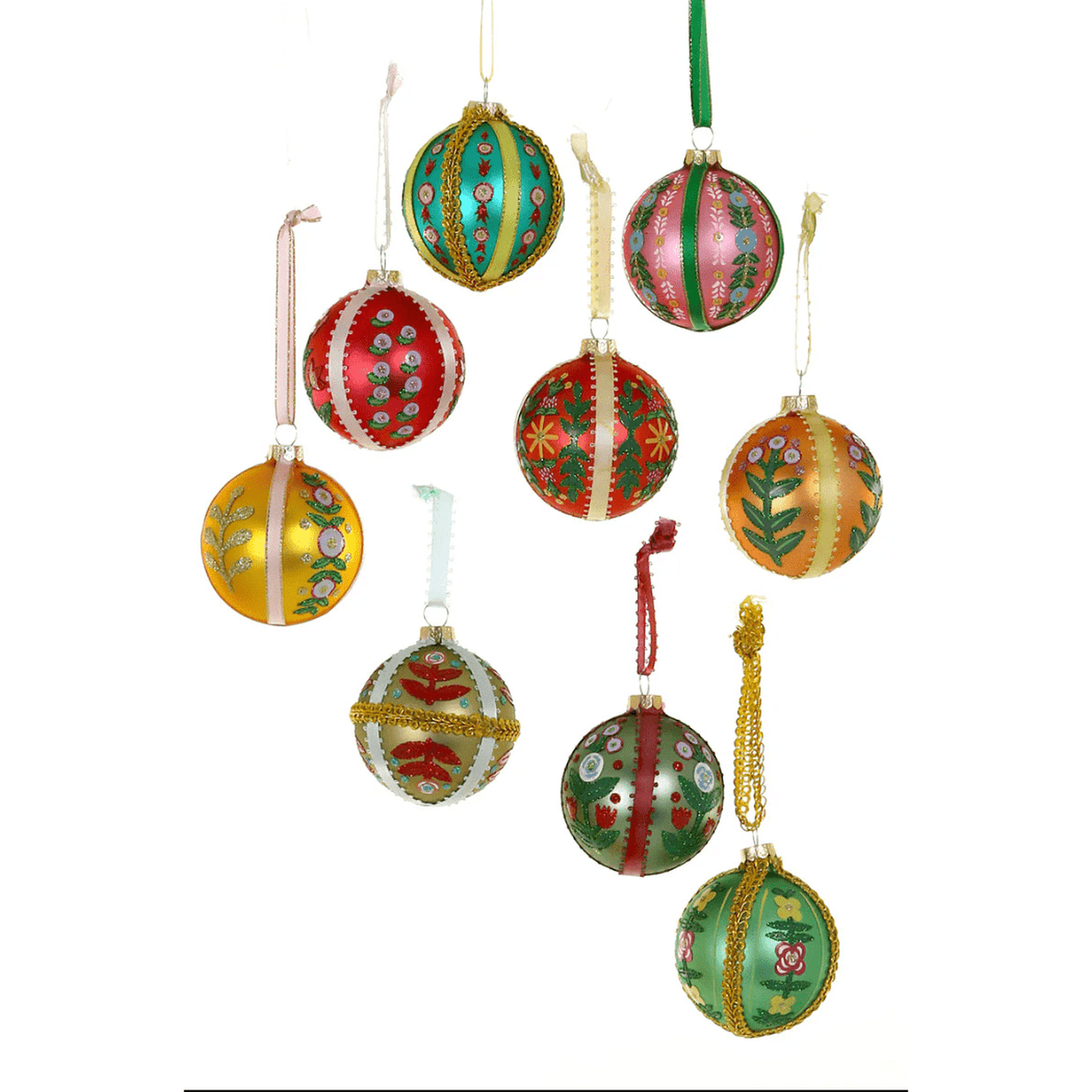 Country Cottage Bauble set of 9 hand-finished colorful Christmas ornaments with floral and festive designs