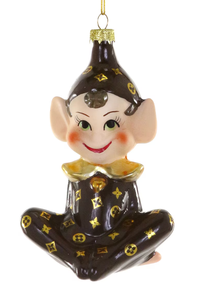 Vintage Luxe Elf Ornament Christmas tree decoration with playful elf in black and gold pattern