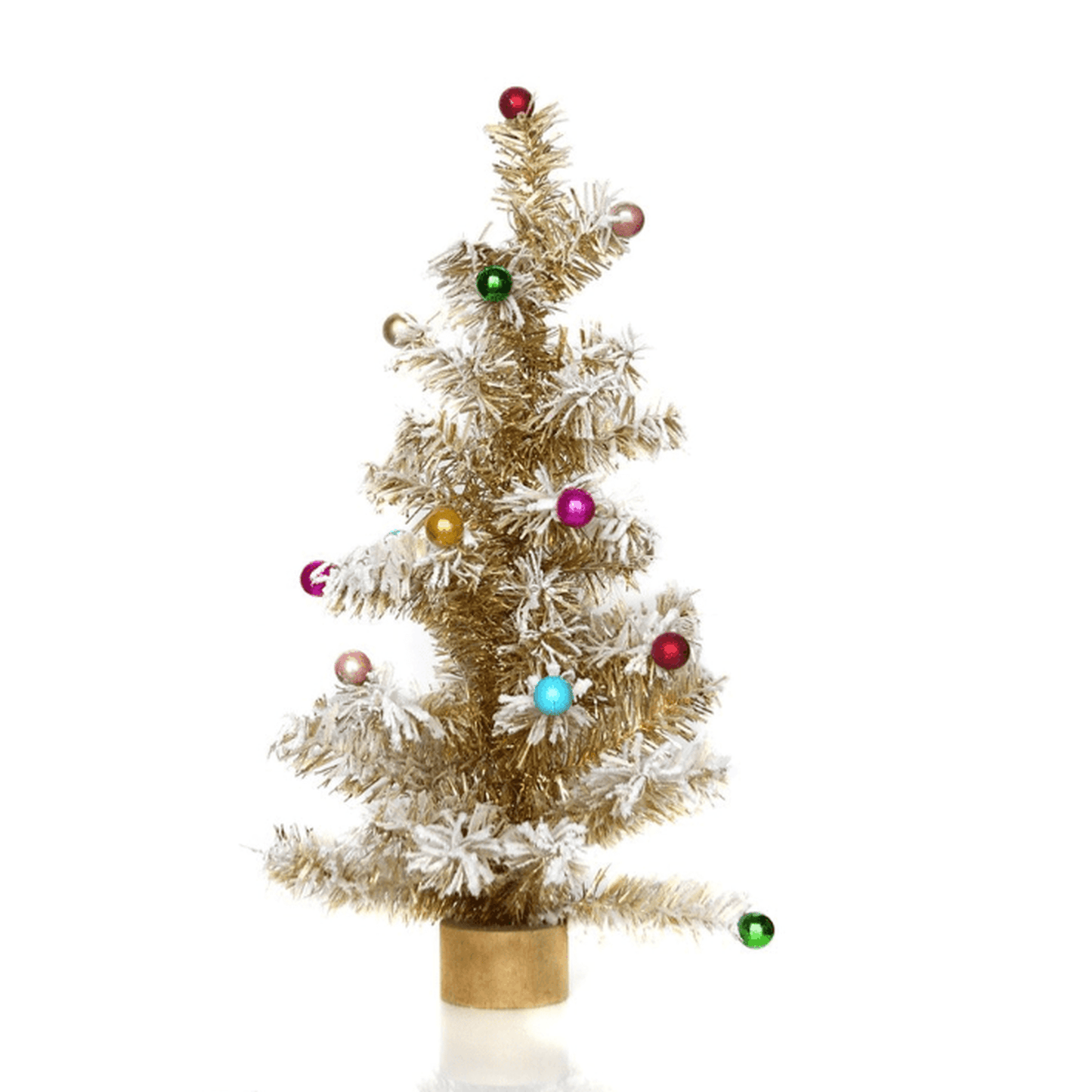 Medium gold Snow Laden Tree decorated with colorful ornaments and white snow accents on branches