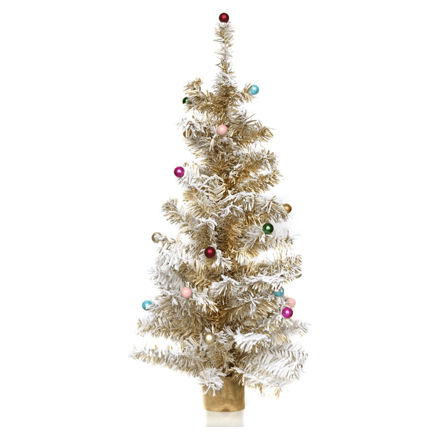 Large gold snow laden Christmas tree decorated with colorful ornaments