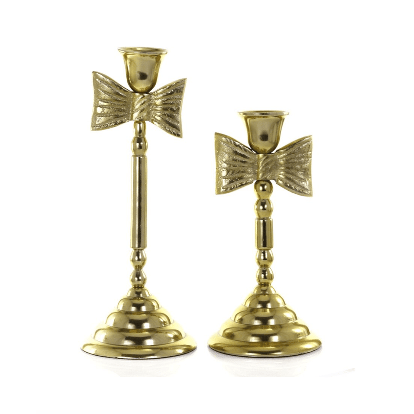 Set of 2 gold metal bow candlesticks, one tall and one short, for taper candles