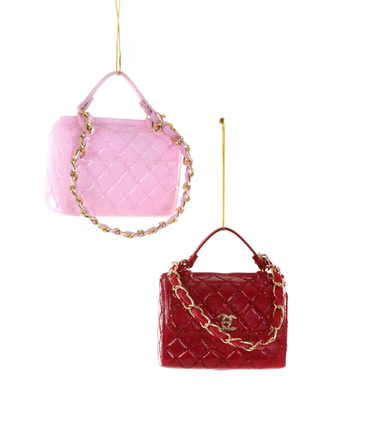 Luxe Handbag Ornament glass Christmas decor in pink and red with gold chain detailing