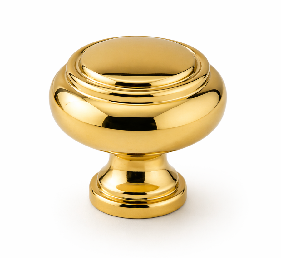 Classic brass spindle pull cabinet knob with polished PVD gold finish
