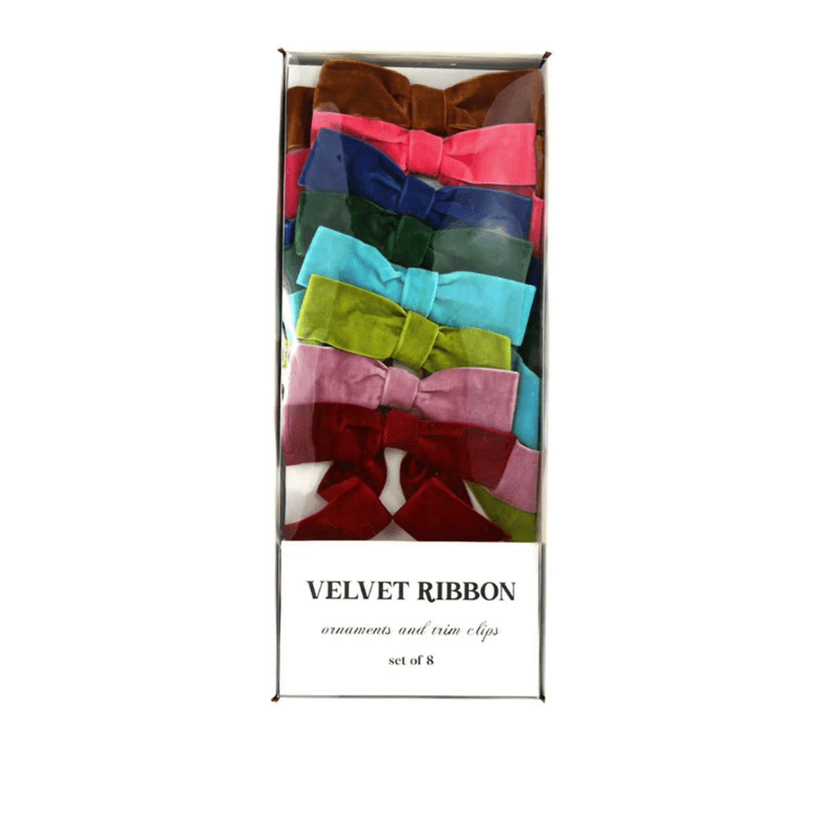 
                  
                    Boxed set of 8 colorful velvet bow ornaments for holiday decoration
                  
                