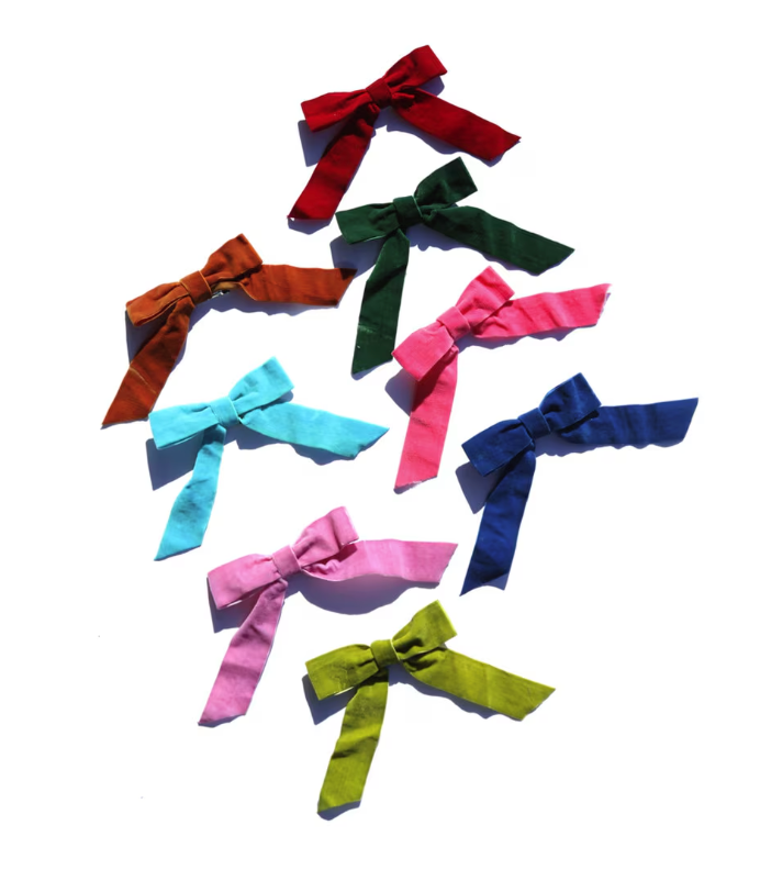 Boxed set of 8 colorful velvet bow ornaments for holiday decor