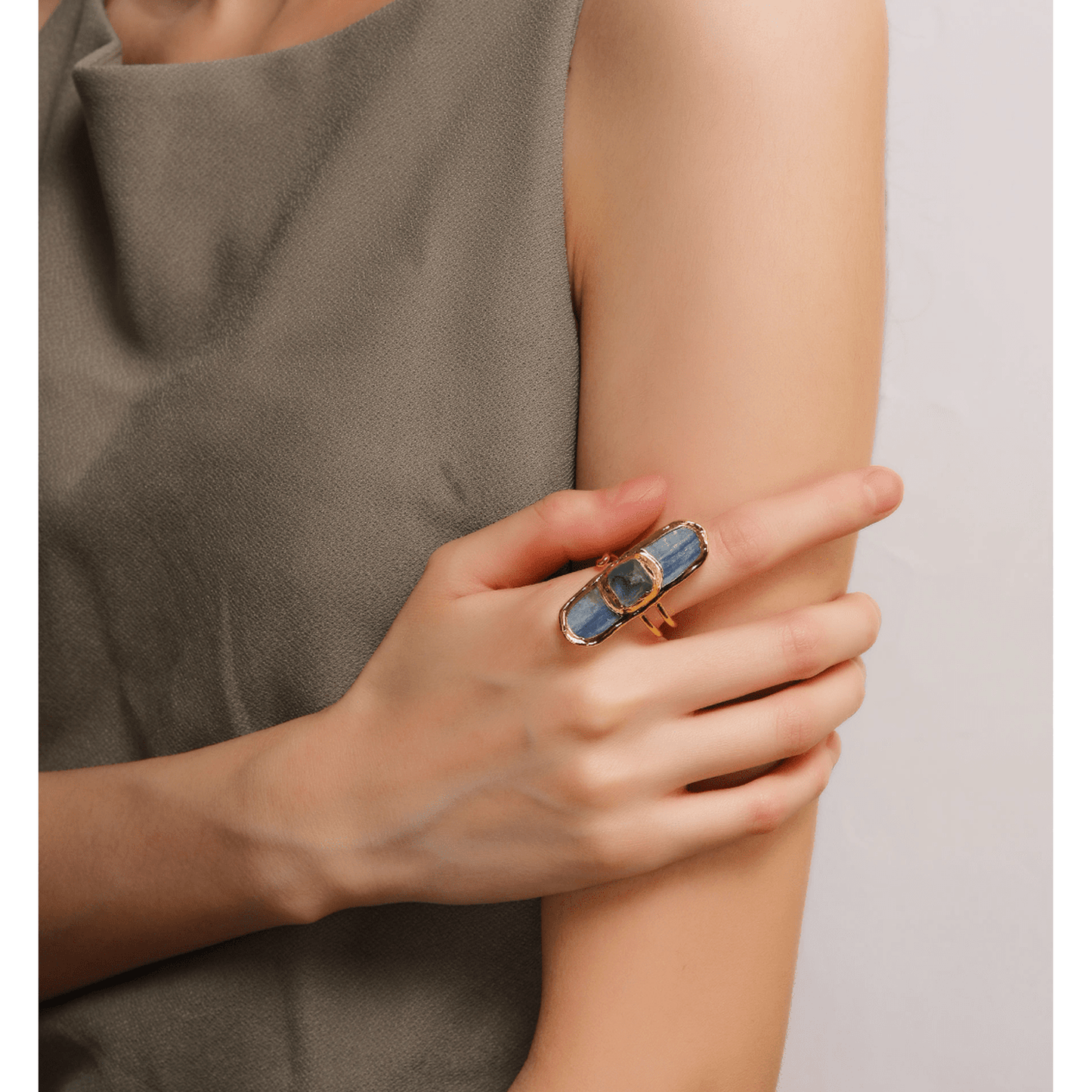 Statement Gem Adjustable Ring with raw green or lilac stones in gold-tone setting