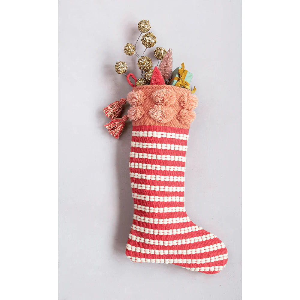 Cotton & Wool Striped Stocking with tassles and pom poms - Curated Home Decor