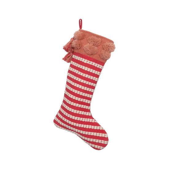 Cotton & Wool Striped Stocking with tassles and pom poms - Curated Home Decor