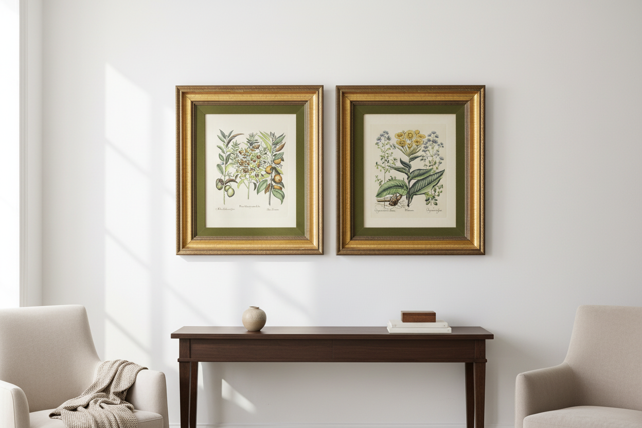 Set of 2 vintage botanical prints framed with deep green velvet mats and gilt wood frames