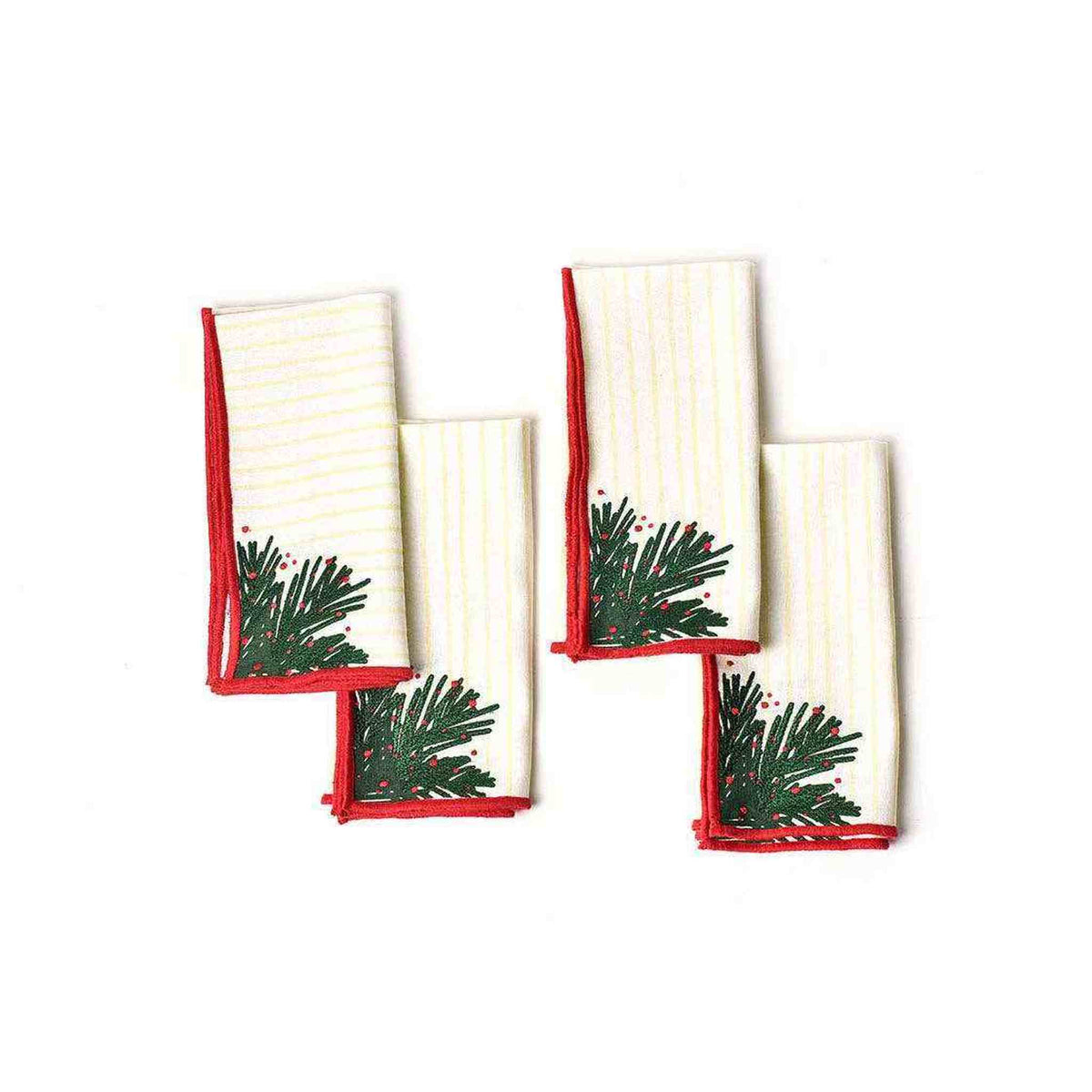 
                  
                    Set of 4 Balsam Stripes Napkins with light yellow stripes, red border, and balsam berry accents, 18x18 inches
                  
                