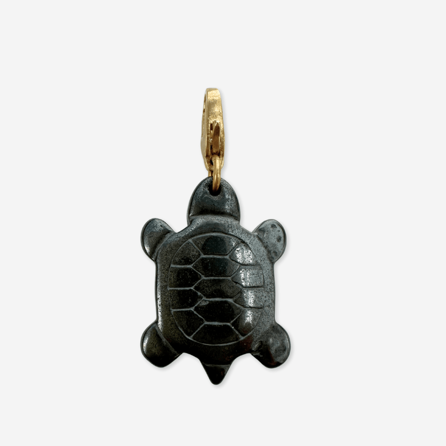 Vintage carved hematite turtle charm with brass lobster clasp in gunmetal color