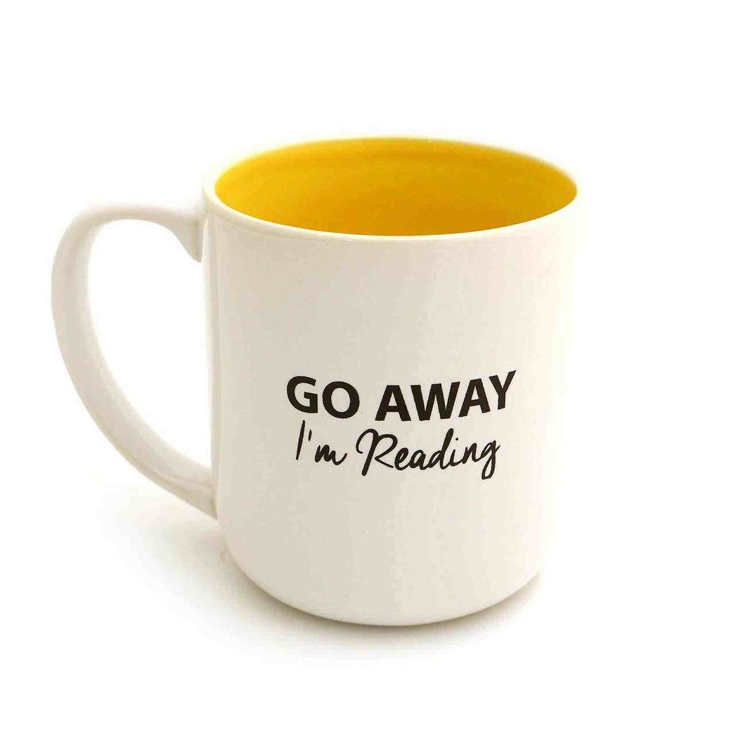 Handmade ceramic travel mug with "Books Because It's Too Peopley Outside" and "Go away I'm Reading" text, bright yellow interior, 16 oz, dishwasher safe