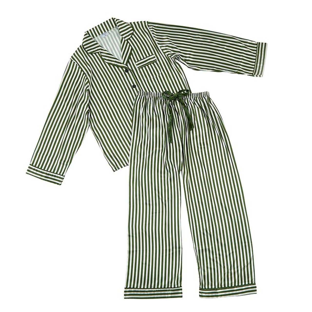 Green stripe long sleeve satin PJ set with matching top and pants, lightweight and machine washable