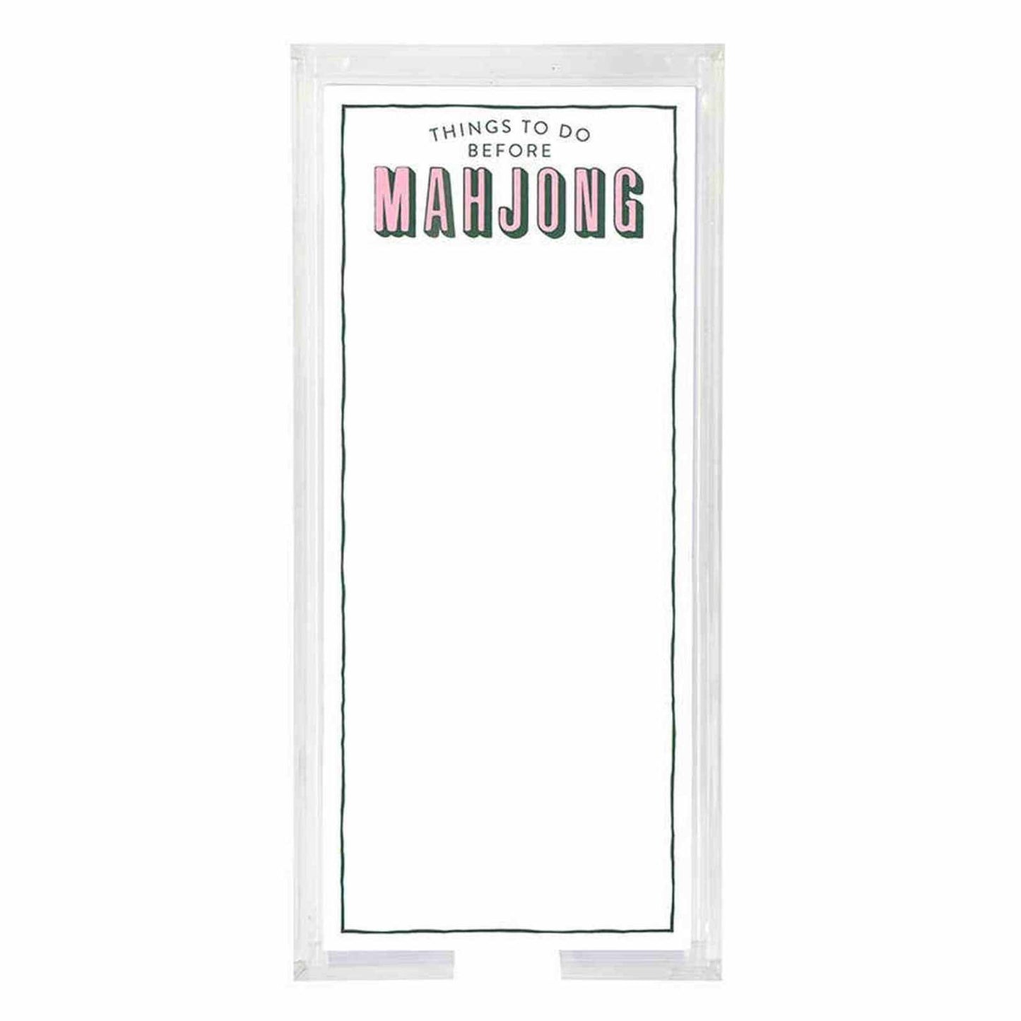 Clear acrylic notepaper tray with "Things To Do Before Mahjong" design and 125 heavyweight paper inserts for organized desk notes